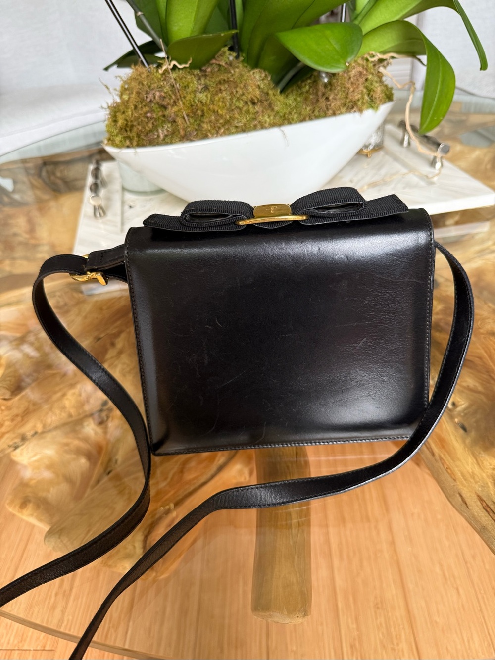 Vintage Salvatore Ferragamo Black Leather Vara Crossbody with Grosgrain Bow